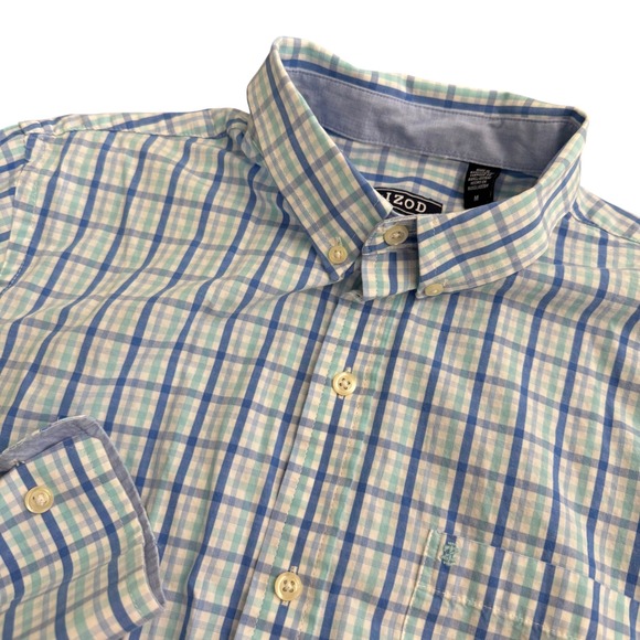 Izod Other - IZOD Mens Slim Fit Plaid Button Down Shirt Blue‎ Teal White Cotton Size M